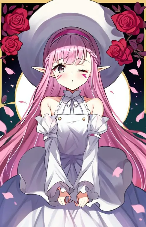 bittersweet, half-closed eyes, 1girl, bangs, bare shoulders, by matanonki, detached sleeves, facial mark, flower, grey eyes, hairband,large hat, long hair, looking at viewer, pink hair, pointy ears, rose, sidelocks, solo, white dress, white headwear, card frame