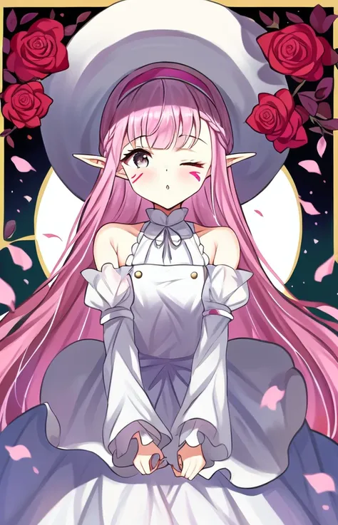 bittersweet, half-closed eyes, 1girl, bangs, bare shoulders, by matanonki, detached sleeves, facial mark, flower, grey eyes, hairband,large hat, long hair, looking at viewer, pink hair, pointy ears, rose, sidelocks, solo, white dress, white headwear, card frame
