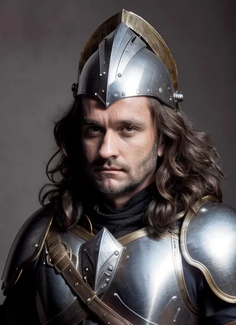 portrait of jc1, messy hair, man in "Sallet helmet, breastplate with faulds, gauntlets with rerebraces, mace, dagger", epic (photo, studio lighting, hard light, sony a7, 50 mm, matte skin, pores, colors, hyperdetailed, hyperrealistic), <lora:JohnCazale:1>