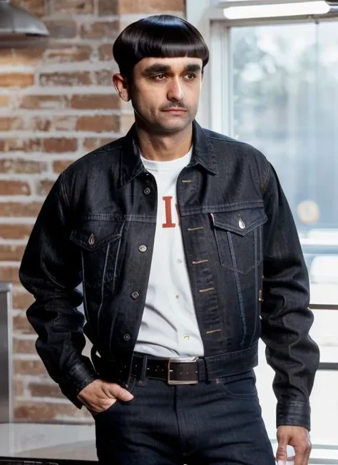 jc1 RAW photo, 1man, (bowlcut haircuit), (black jean jacket, workshirt, belt, jeans) (high detailed skin), 8k uhd, dslr, soft lighting, high quality, film grain, Fujifilm XT3, <lora:JohnCazale:.95>