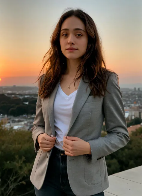 RAW photo, emmy rossum <lora:Emmy Rossum LoRA:0.65>, anger, wearing Templeton Gray Blazer, background sunset (high detailed skin:1.2), 8k uhd, dslr, soft lighting, high quality, film grain, Fujifilm XT3