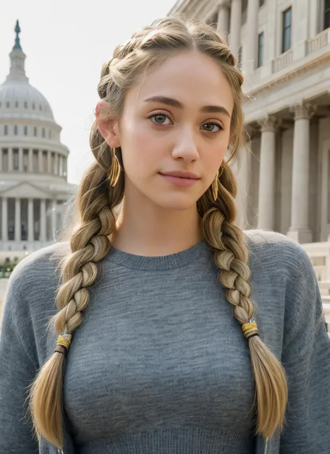 portrait of emmy rossum <lora:Emmy Rossum LoRA:0.6>, proud , wearing leggings , with blonde Braids , background capitol building epic (photo, studio lighting, hard light, sony a7, 50 mm, matte skin, pores, colors, hyperdetailed, hyperrealistic)