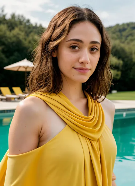 RAW photo, emmy rossum <lora:Emmy Rossum LoRA:0.65>, :/, wearing Mustard Yellow Cape, background swimming pool (high detailed skin:1.2), 8k uhd, dslr, soft lighting, high quality, film grain, Fujifilm XT3