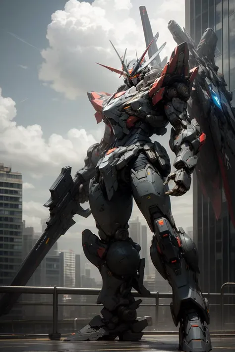sky, cloud, holding_weapon, a (((mecha))) with sleek and menacing design, glowing, building, glowing_eyes, science_fiction, city, realistic,<lora:srd_v2:0.6>