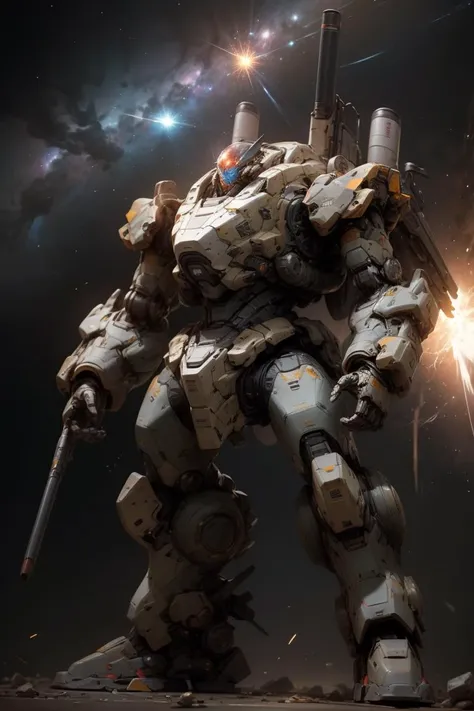 (MRS) ,super fine concept art, extremely detailed, a heavy mech, hard surface, hawken, sci-fi, battlefield, explosion, stray bullet,Milky Way Galaxy background, <lora:srd_v2:0.7>