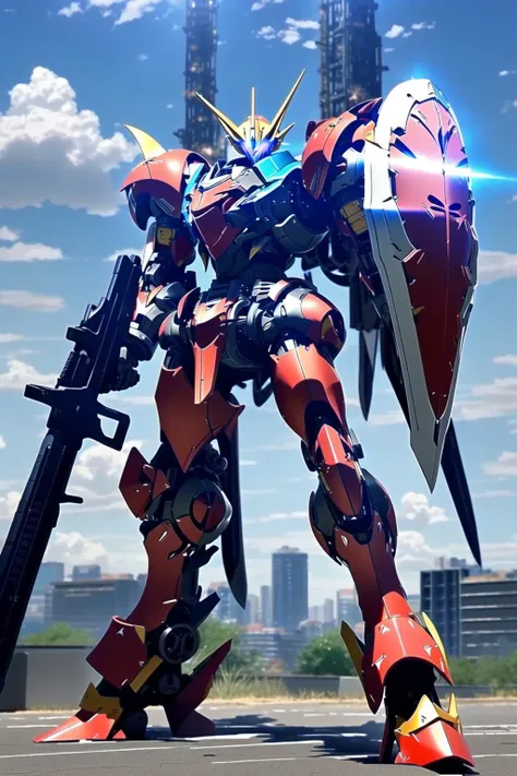 (FRS:1.5), best quality, masterpiece, highly detailed, ultra-detailed,(blue sky:1.1), cloud, holding weapon, a (((mecha))) with sleek and menacing design, (knight armor:1.5),glowing ,heroic parts, mechanical parts, (long legs:1.5),robot joints,(huge shield:1.2),(battle-ready:1.2),(powerful stance:1.3),(Detailed eye description:1.2),(huge mechanical weapon:1.3),(detailed armor description:1.2),(detailed shield description:1.2),(detailed weapon description:1.2),(huge mechanical gun:1.2),(holding gun and weapon :1.3) BREAK building, glowing_eyes, science_fiction, city, realistic,<lora:srd_v3_5d:0.8>