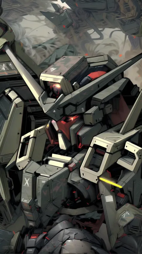 ((masterpiece)), MRS, heavy mech with massive and strong design, red glowing eye, highly detailed, heroic parts:0.5 , military parts, dynamic pose, highly detailed, full armor, <lora:srd_v2_5:0.8>, v-fin, <lora:add_detail:1.0>, <lora:Helltaker:0.45>, weathered, dark green, camo pattern,