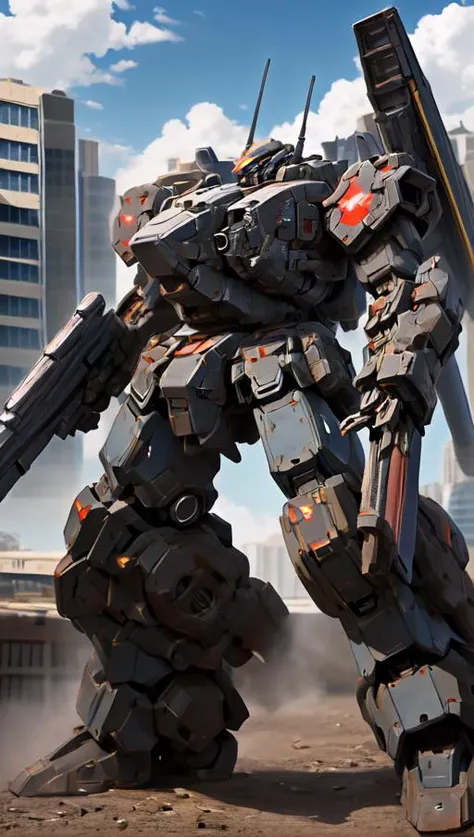 sky, cloud, holding_weapon, (battletech:1.2), a (((mecha))) with sleek and menacing design, a heavy mech, hard surface, hawken, sci-fi, battlefield, glowing ,heroic parts, mechanical parts, robot joints,(huge shield:1.2),best quality, masterpiece, highly detailed, ultra-detailed, (huge mechanical weapon:1.3),(detailed armor description:1.2),(detailed weapon description:1.2),(huge mechanical gun:1.2)
BREAK
building, glowing_eyes, science_fiction, city, realistic, <lora:srd_v3e:0.6>