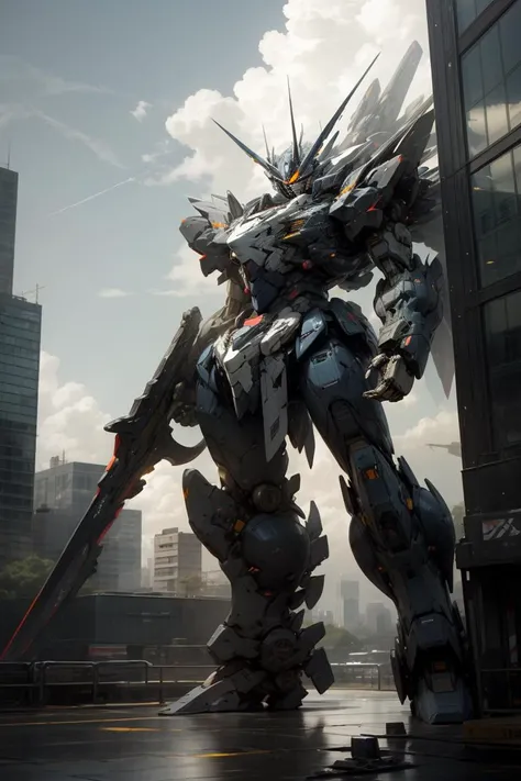 sky, cloud, holding_weapon, a (((mecha))) with sleek and menacing design, glowing, building, glowing_eyes, science_fiction, city, realistic,<lora:srd_v2:0.6>