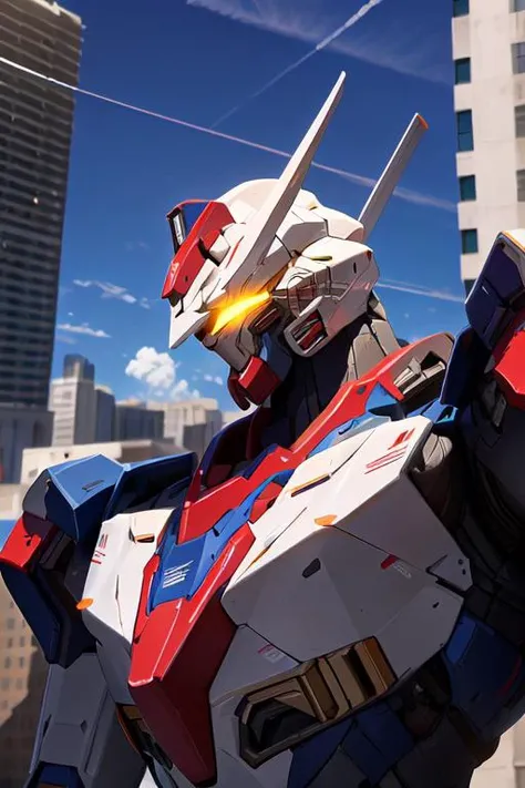 ((masterpiece)), light and shadow, dramatic lighting, sky, cloud, holding_weapon, a (((mecha))) with sleek and menacing design, white color, glowing, building, close-up, upper body glowing_eyes, science_fiction, city, (realistic:1.5)