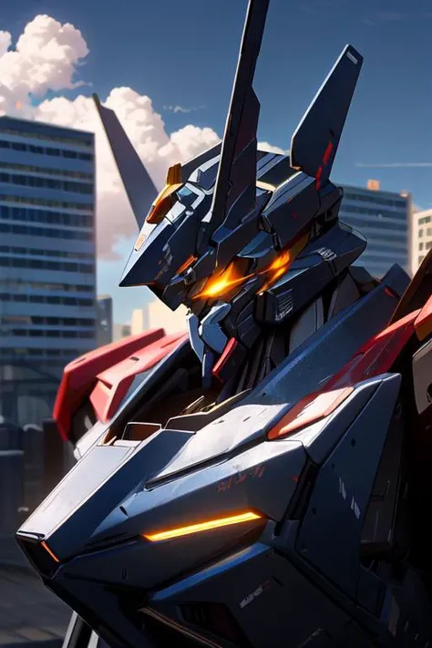 ((masterpiece)), light and shadow, dramatic lighting, sky, cloud, holding_weapon, a (((mecha))) with sleek and menacing design, black color, glowing, building, close-up, upper body glowing_eyes, science_fiction, city, (realistic:1.5)
