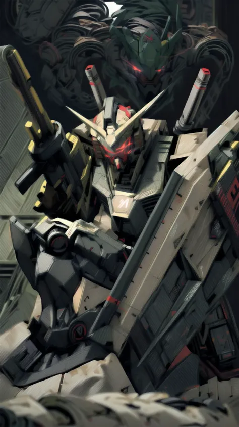 ((masterpiece)), MRS, heavy mech with massive and strong design, red glowing eye, highly detailed, heroic parts:0.5 , military parts, dynamic pose, highly detailed, full armor, <lora:srd_v2_5:0.8>, v-fin, <lora:add_detail:1.0>, <lora:Helltaker:0.45>, weathered, dark green, camo pattern,