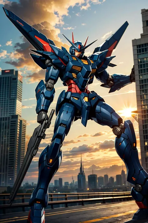 sky,cloud,holding_weapon,a (((mecha))) with sleek and menacing design,glowing,building,glowing_eyes,science_fiction,city,realistic, <lora:ROBOT+Superrobot_1.5:1>