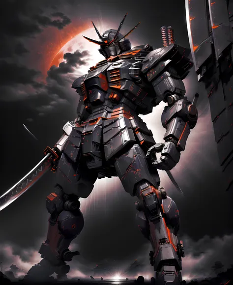 (((giant robot with a massive katana arm))), glowing eyes, (black steel), ((humanoid robot)), masculine, (standing), (((full body))), highly detailed, (MRS), huge red sun, dark sky, dark theme, light rays, god rays, (masterpiece), best quality, intricate details, ultra-detailed, ultra details, ultra quality, SamuraiPunkAI, <lora:srd_v1_5:0.8>, <lora:add_detail:0.25>, <lora:Masterpiace:0.3>, <lora:SamuraiPunkAIv3-000007:0.7>, <lora:LowRA:0.4>
