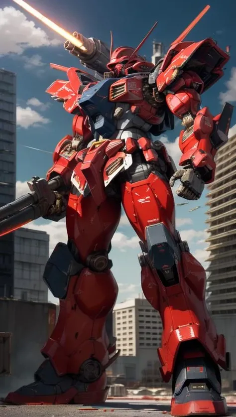 ((masterpiece)),(ZEON), a (mecha) with sleek and menacing design, (red color scheme:1.2),(military parts:1.5), (heroic parts:0.5), mechanical parts, (shoulder Unit:1.5),robot joints, light and shadow, dramatic lighting, sky, cloud, holding_weapon, glowing, building, glowing_eyes, science_fiction, city, realistic, <lora:srd_v2_5:0.8>