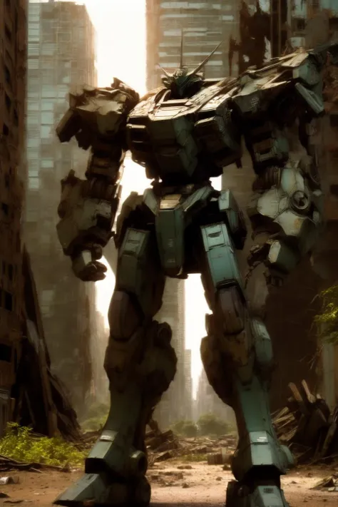 (masterpiece:1.3), best quality:1.4, detailed unity 8k wallpaper, highres, absurdres:1.2, depth of field:1.3, perfect lighting, cinematic shadows, highly detailed background, BREAK
 (super_perfect_good anatomy head face five_fingers limbs arms hands legs:1.3), slender:1.3, Standing in honor, looking at viewer, from below, (tolerance around subject), BREAK
 (super_beautiful_detailed 1robot body face proportion joint ROBOTANIMESTYLE), RRS:1.5, (no humans, large size robot), <lora:srd_v3_5d:0.8>, full body, ruined city, Nature grows in a city that was abandoned thousands of years ago, silence, sunlight, action, cinematic, beautiful figure