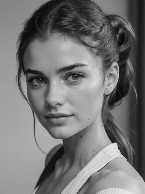 elaine_noexist face, monochrome red, portrait, 1960's hairdo, headshot, ponytail, ((cleavage)), formal hairstyle, flirty, parted lips, (looking at viewer)