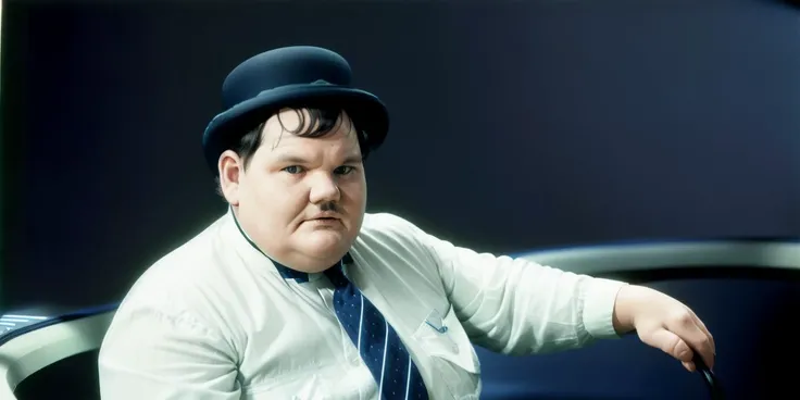 <lora:laurel and hardy-v1.0c_fro0.9:1> hardy hat, colorized, posing on a white and blue neon light spaceship bridge, wearing a white t-shirt, realistic, film grain, sharp, bokeh, uhd <lora:spaceship bridge-v1.0:1.0>