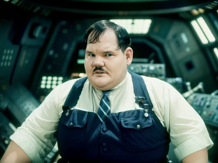 <lora:laurel and hardy-v1.0c:1> hardy, colorized, posing on a spaceship bridge, wearing a white t-shirt, realistic, film grain, sharp, bokeh, uhd <lora:spaceship bridge-v1.0:1.0>