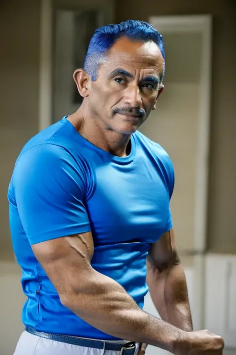 best quality, masterpiece, (photorealistic:1.4), 1 man, stronger, <lora:BluePen:1> wearing a blue shirt, old, showing biceps