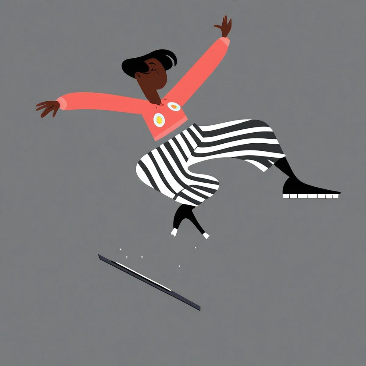 mpzthzz, dark skin, solo, very dark skin, 1girl, dark-skinned female, boots, simple background, grey background, laptop, computer, striped, full body, short hair, striped pants, dark-skinned male, black hair, outstretched arms, memphis corporate design, flat art, flat coloring, simple, vector art, corporate art, cel shading, cel shaded, score_9, score_8_up