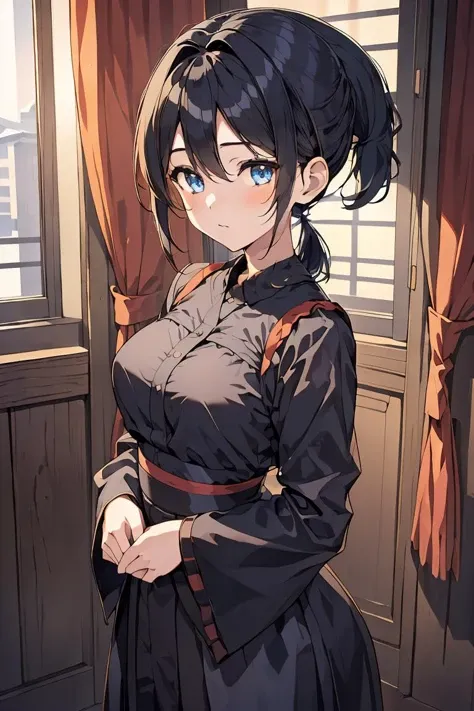 (masterpiece, best quality), 1girl, <lora:Kaede Sakata:1> 1girl, 3dcg 07, black hair, blue eyes, curtained hair, kaede sakata, low twintails, medium breasts, parted bangs, ponytail, short hair, solo, twintails