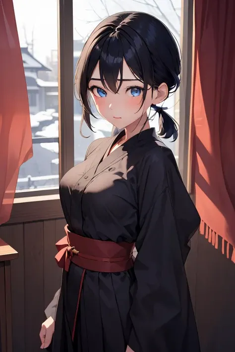 (masterpiece, best quality), 1girl, <lora:Kaede Sakata:1> 1girl, 3dcg 07, black hair, blue eyes, curtained hair, kaede sakata, low twintails, medium breasts, parted bangs, ponytail, short hair, solo, twintails