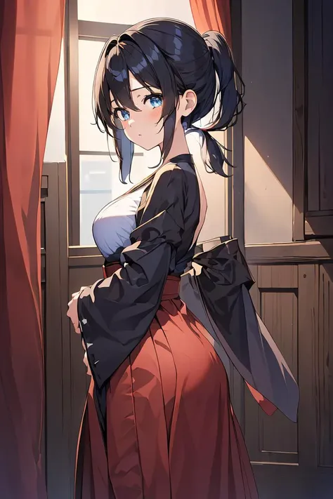 (masterpiece, best quality), 1girl, <lora:Kaede Sakata:1> 1girl, 3dcg 07, black hair, blue eyes, curtained hair, kaede sakata, low twintails, medium breasts, parted bangs, ponytail, short hair, solo, twintails