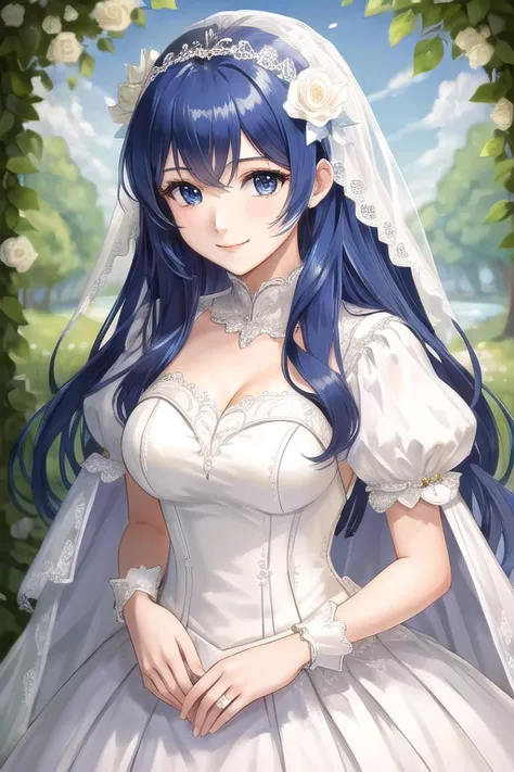 <lora:caeda-10:0.8>, caeda fe, 1girl, solo, looking at viewer, smile, wedding dress, bride, white dress, bridal veil, standing, upper body, large breasts