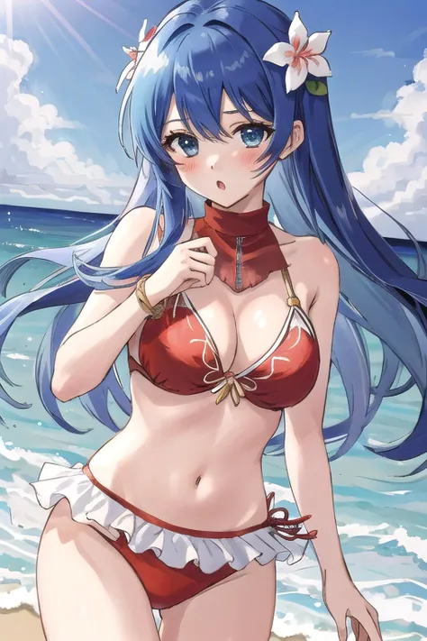 <lora:caeda-10:0.8>, caeda fe, 1girl, solo, looking at viewer, beach background, blush, :o, red bikini, cowboy shot, hair flower, ((swimsuit)), large breasts
