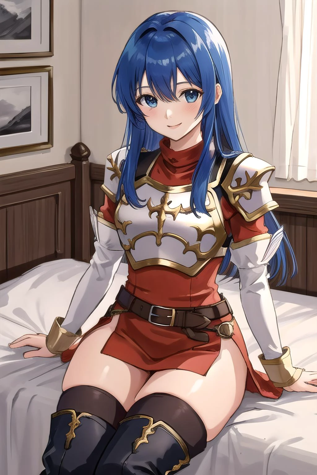 <lora:caeda-10:0.8>, caeda fe, 1girl, solo, looking at viewer, sitting, on bed, smile, shoulder armor, breastplate, armor, short dress, red dress, thigh boots, cowboy shot, thick thighs, belt