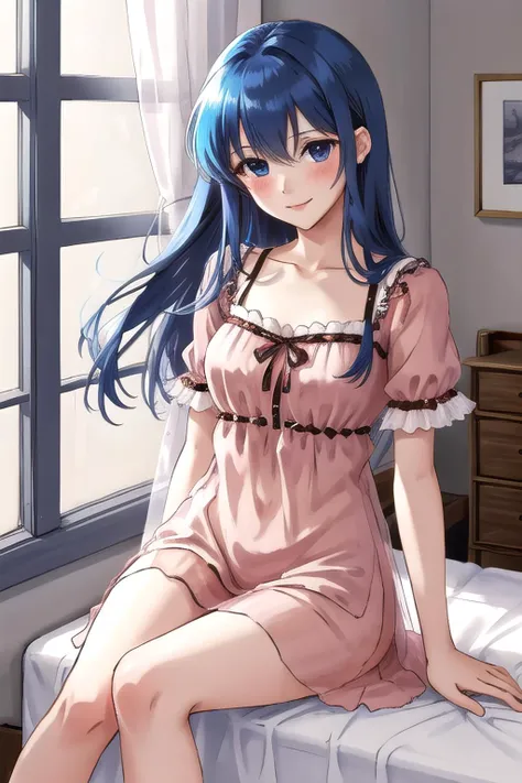 <lora:caeda-10:0.8>, caeda fe, 1girl, solo, looking at viewer, sitting, on bed, blush, seductive smile, nightgown, window, night