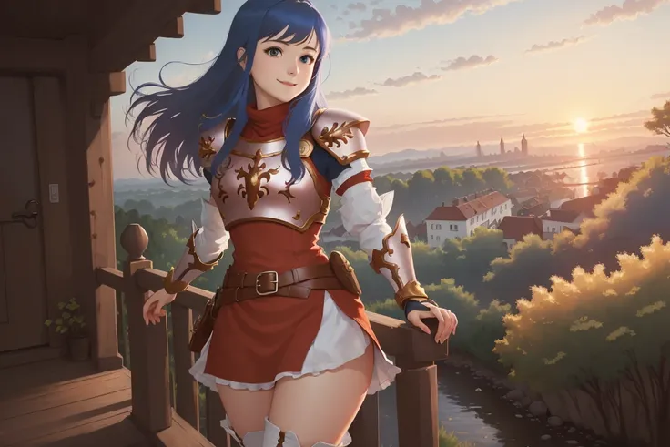 ((best quality)), ((masterpiece)), (detailed), caeda fe, 1girl, solo, looking at viewer, smile, sunset, shoulder armor, breastplate, nature, armor, short dress, red dress, thigh boots, thick thighs, belt