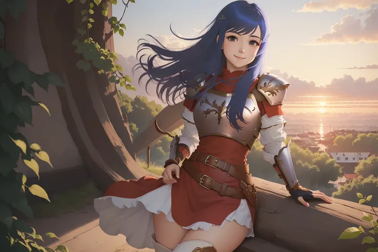((best quality)), ((masterpiece)), (detailed), caeda fe, 1girl, solo, looking at viewer, smile, sunset, shoulder armor, breastplate, nature, armor, short dress, red dress, thigh boots, thick thighs, belt