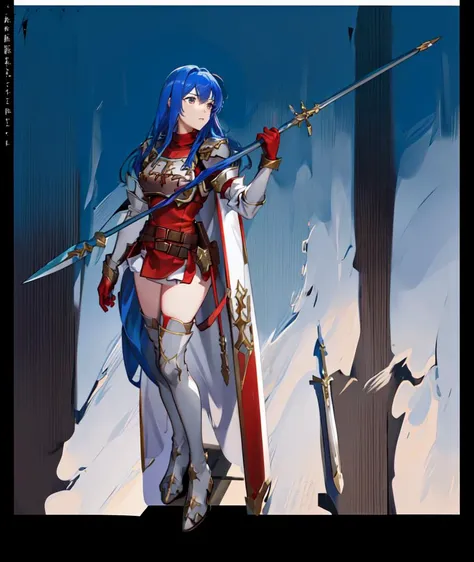 <lora:caeda-fef>, caeda fe, shoulder armor, breastplate, armor, short dress, red dress, thigh boots, (spear:1.2), lance, holding weapon, holding, holding spear, (meadow, outdoors, sunny:1.2), (from above:1.3)