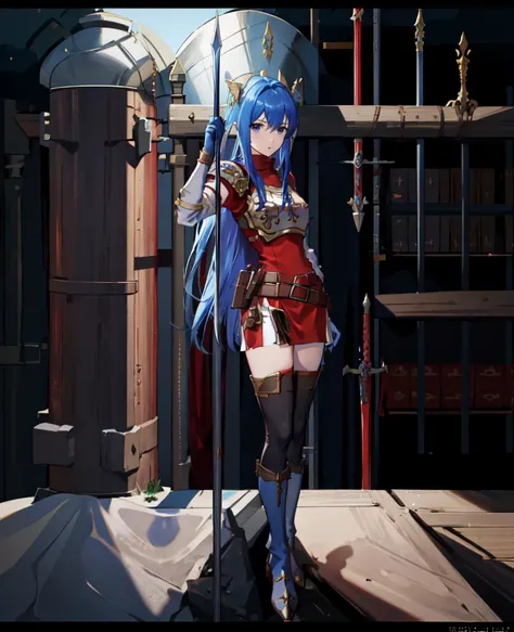 <lora:caeda-fef>, caeda fe, shoulder armor, (breastplate:1.2), armor, short dress, red dress, thigh boots, spear, lance, holding weapon, holding, holding spear, armory, castle background