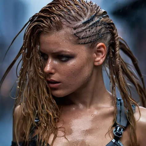 julia_yaroshenko, <lora:JuliaYaroshenkoXL:1>, portrait, close up, superhero, (( very long hair, hair over eye, hair in face, cibernetic face implants, wild hair, metal braids, wet hair, wet skin, wet body, soaking wet)), wearing cyberpunk costume with a (robot arm with cybernetic enhancements), dirty, messy, raining, foggy, scratched, torn red cape, dim neon light, noir style, dystopian cyberpunk city at night, red light district, ((perfect eyes, detailed eyes,realistic eyes)), ((sharp face, detailed face, realistic face, naturtal skin, realistic skin, detailed skin, pores))
