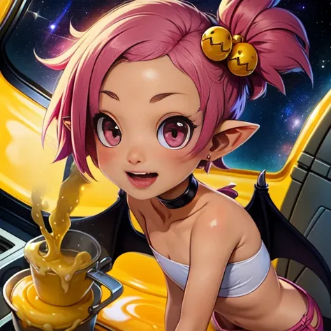 Hanako, pointy ears , small bat wings, side ponytail, pink eyes, flat chest, short pink hair, happy, teeth,
HanAtt,hair ornament,choker,bracelet ,white bandeau,bike shorts , pink shorts,
small store , outer space, stars, large pots with yellow slime, store counter, realistic
(insanely detailed, beautiful detailed face, masterpiece, beautiful detailed eyes, best quality) <lora:Hanako-10:0.7>