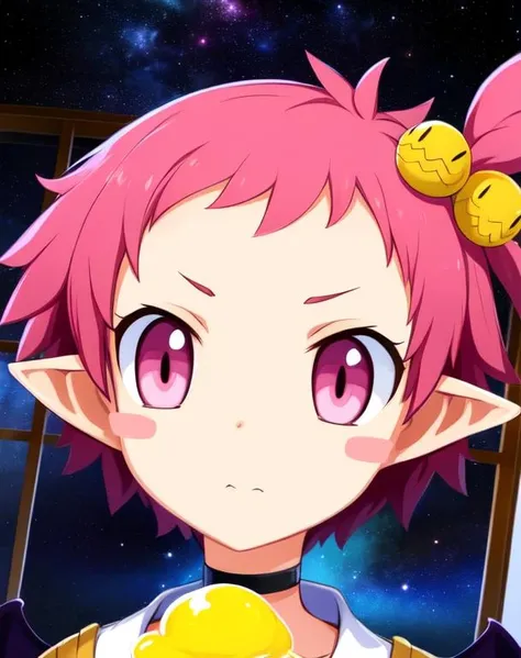 Hanako, pointy ears , small bat wings, side ponytail, pink eyes, short pink hair, blush stickers , face focus,
hair ornament,choker, bracelet ,white shirt, small house , serious,
window, outer space, stars, large pots with yellow slime, (insanely detailed, beautiful detailed face, masterpiece, beautiful detailed eyes, best quality) <lora:Hanako-10v5:0.7>