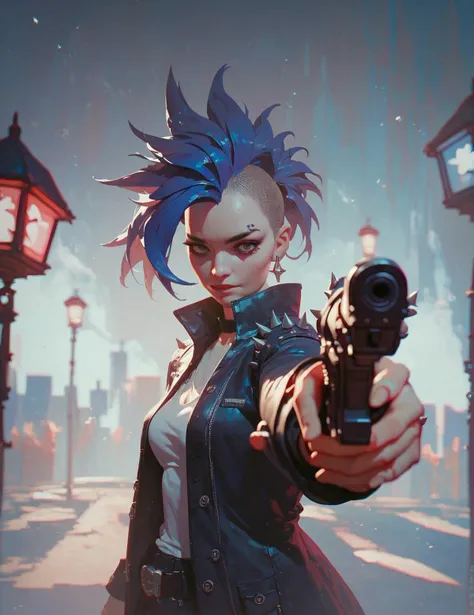 score_9, score_8_up, score_7_up, score_6_up, psycho 1girl punk, left pistol, looking viewer, shadows, dark street, night time, streetlights, cinematic, highly detailed<lora:plrd-pistol:1>