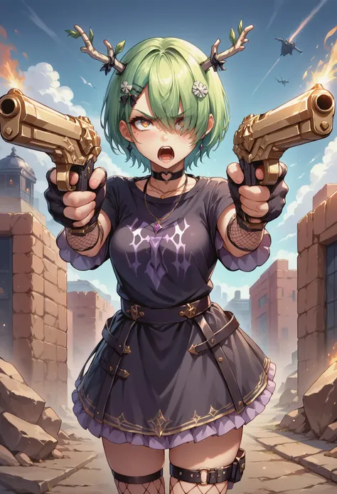 score_9, score_8_up, score_7_up, source_anime, masterpiece, 1girl, FaunaGoth, mole under eye, antlers, short hair, hair over one eye, hairclip, heart choker, necklace, black t-shirt, black dress, elbow gloves, fingerless gloves, o-ring thigh strap, heart o-ring, fishnet thighhighs, dual pistol, angry, screaming <lora:ChamCeresFaunaPonyXL:1> <lora:Pony_Guns:0.8>