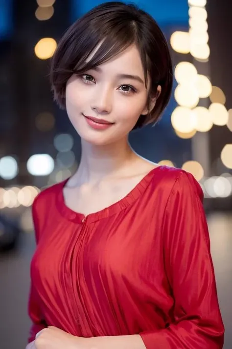 1girl,(wearing a red blouse:1.2),(RAW photo, best quality), (realistic, photo-realistic:1.4), masterpiece, an extremely delicate and beautiful, extremely detailed, 2k wallpaper, Amazing, finely detail, extremely detailed CG unity 8k wallpaper, ultra-detailed, highres, soft light, beautiful detailed girl, extremely detailed eyes and face, beautiful detailed nose, beautiful detailed eyes,cinematic lighting,(city lights at night),perfect anatomy,slender body,smiling,(short hair) <lora:miyamotoyumev2_lora:0.7>
