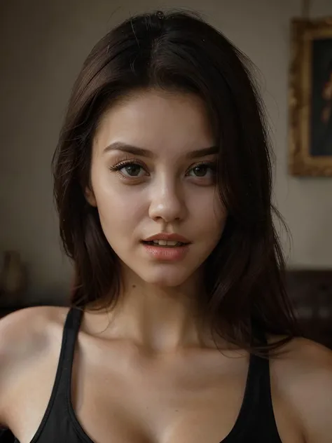 photo instagram, femme russe de 21 ans, cheveux courts, cheveux noirs, portrait en gros plan, , clivage, Pâle, ombres dures, nue, chambre avec lumiere rouge