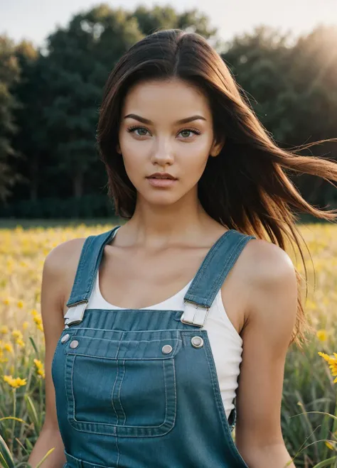 <lora:n1c0l4c:1>n1c0l4c, 16mm, remarkable color, ultra realistic, analog photo, Beautiful super model, highly detailed face, seducing eyes, wearing overalls, cropped off-shoulder tank top, in a field of grass. Bright sunny day. bokeh, professional, 4k, highly detailed dynamic lighting, photorealistic, intricate details, key visual, vivid colors
