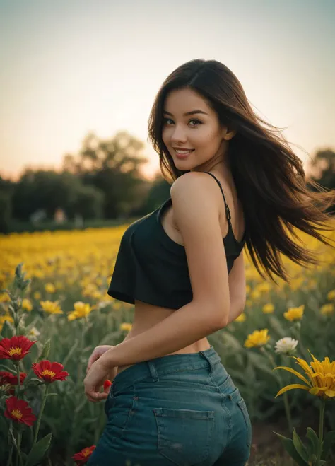 <lora:n1c0l4c:1>n1c0l4c, (32K resolution, masterpiece, ultra high quality, best quality, ultra high definition, perfect anatomy, Incredibly detailed, RAW, ultra super realistic, photorealistic, cinematic lighting, exquisitely detailed, extremely intricate, 8k UHD, high resolution), (1girl), cropped off-shoulder tank top, skirt, elegant hair, standing in the middle of a flower field, seductive smile, dynamic vivid colors