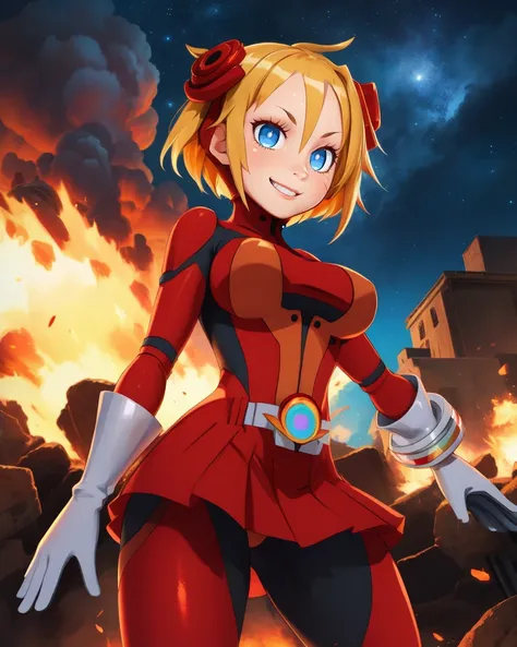 Piyori,short blonde hair,blue eyes,solo standing,smile,
red bodysuit,skin tight,white gloves,hair ornament,red skirt,long sleeves,
stars,explosion in background,
(insanely detailed, beautiful detailed face, masterpiece, best quality),<lora:PiyoriNijino-10D7v7:0.8>,