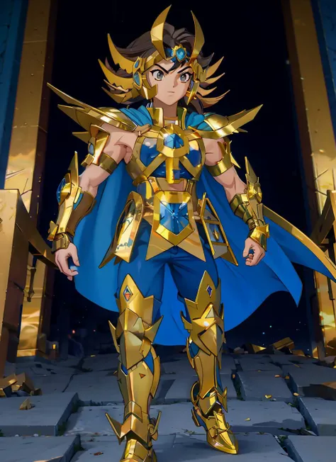 anime, Raw picture of running jojo with dark hair, wearing (defmas4:0.9) <lora:1defmas4:1.0> (golden armor) with blue details, (blue cape), (blue pants), dynamic pose, guarding the entrance to a temple ruins at the Olympus, gloves, pauldrons, detailed face <lora:3DMM_V11:1>