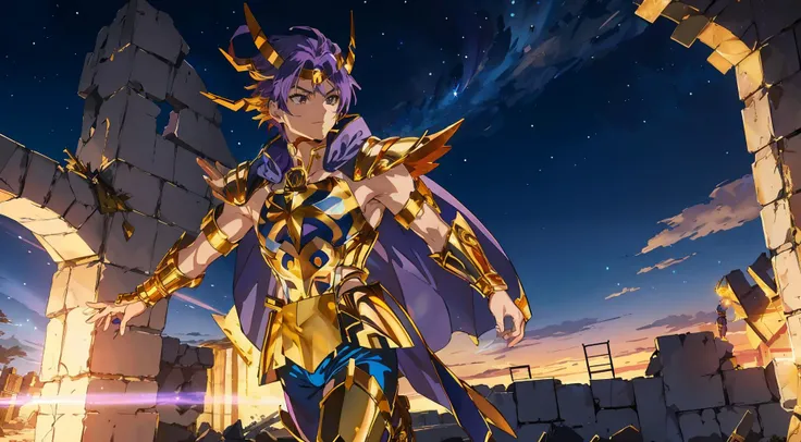 anime, drawing of running jojo with purple hair, wearing (defmas4:0.9) <lora:1defmas4:1.0> (golden armor) with blue details, (blue cape), (blue pants), dynamic pose, guarding the entrance to a temple ruins at the Olympus, gloves, pauldrons, detailed face