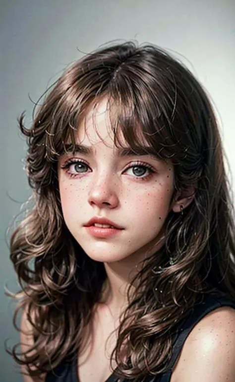 with light brown eyes and long curly brown hair