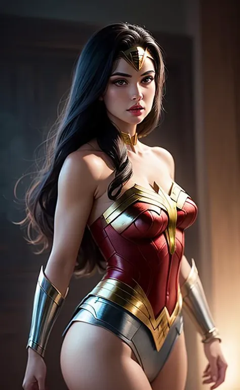 A ilustration of a greek goddes Wonder Woman, shot, centered, gold black color gel lighting, geometric shadows, glowing lights, symmetry, depth of field, intricate, elegant, highly detailed, digital painting, artstation, concept art, silver and white futuristic costume, smooth, sharp focus, illustration, as imagined by Greg Rutkowski and Borris vallejo.